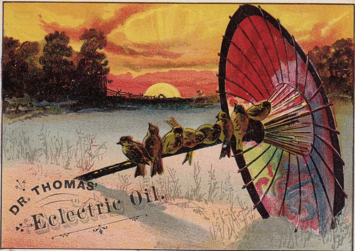 Рекламная карточка Dr. Thomas’ Eclectric Oil, 1880-е. Такие карточки торговцы раздавали покупателям даром — прямой предок современного мерча. Общественное достояние.
